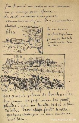 Bondgård med vetefält längs en väg och fält med blommor Bondgård med vetefält längs en väg och fält med blommor