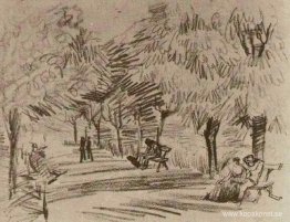 En gränd i den offentliga trädgården med bänkar En gränd i den offentliga trädgården med bänkar