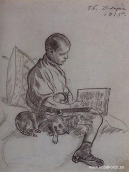 Pojke med hund (Porträtt av Cyril Kustodiev, son till konstnären Pojke med hund (Porträtt av Cyril Kustodiev, son till konstnären
