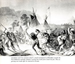Assiniboin och Cree krigare attackerar Blackfeet Assiniboin och Cree krigare attackerar Blackfeet