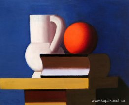 Stilleben med vit burk, apelsin och bok Stilleben med vit burk, apelsin och bok