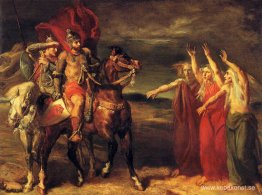 Macbeth följt av Banco möter de tre häxorna på Heath Macbeth följt av Banco möter de tre häxorna på Heath