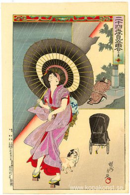 Kvinna som går i regnet och tittar på en rickshaw Kvinna som går i regnet och tittar på en rickshaw