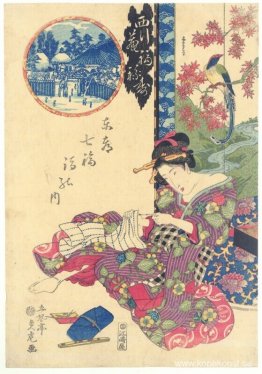 Kvinna som sitter framför en skärm, med titeln Fukurokuju Kvinna som sitter framför en skärm, med titeln Fukurokuju