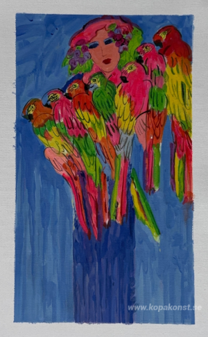 Blå dam med papegojor