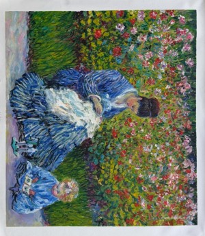 Camille Monet och ett barn i konstnärens trädgård i Argenteuil