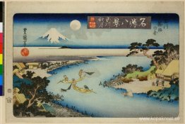 Höstmåne vid Tamagawa, två båtar som fiskar på natten Höstmåne vid Tamagawa, två båtar som fiskar på natten