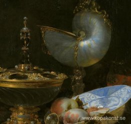 Stilleben med Holbein-skål, Nautilus-kopp, glasbägare och fruktf Stilleben med Holbein-skål, Nautilus-kopp, glasbägare och fruktf