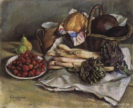 Stilleben med sparris och jordgubbar Stilleben med sparris och jordgubbar